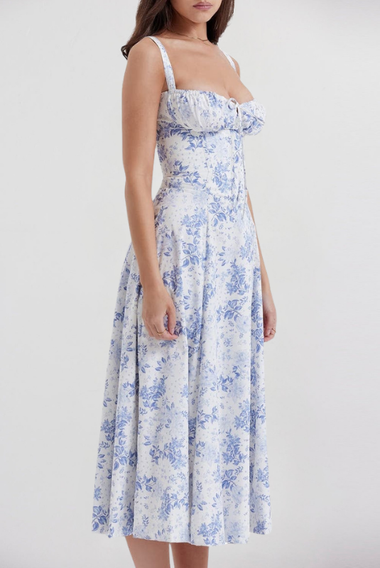 Blue Floral Women’s Printed Bustier Midi Dress on the model