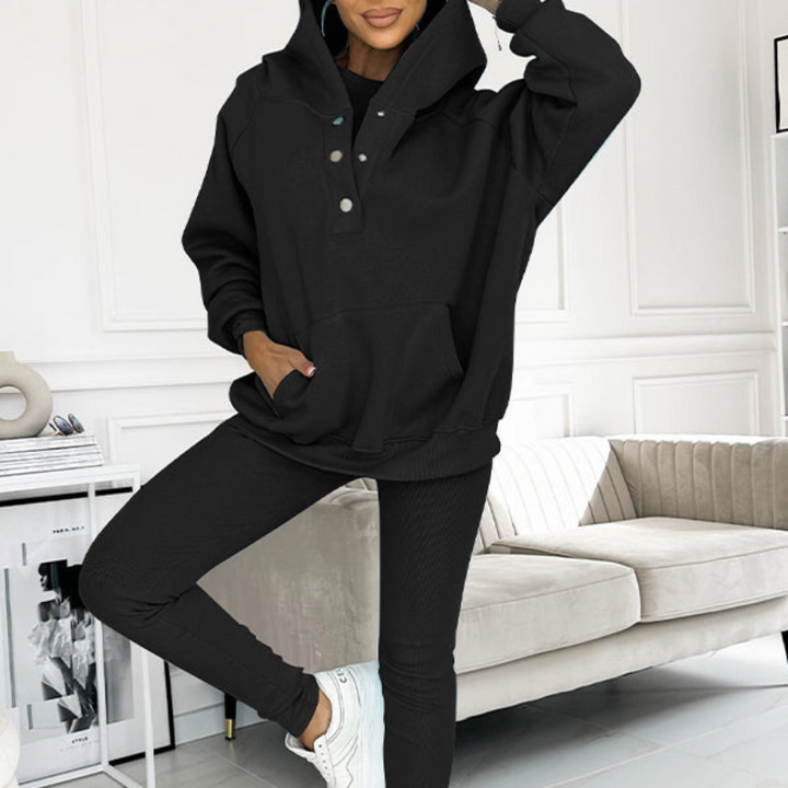 Black Women’s Soft Fabric Blend Casual Sweatshirt Set on the model
