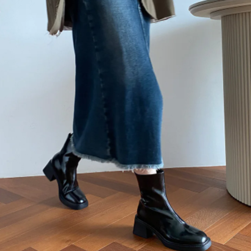 Black Women’s Modern Square Toe Ankle Boots on the model