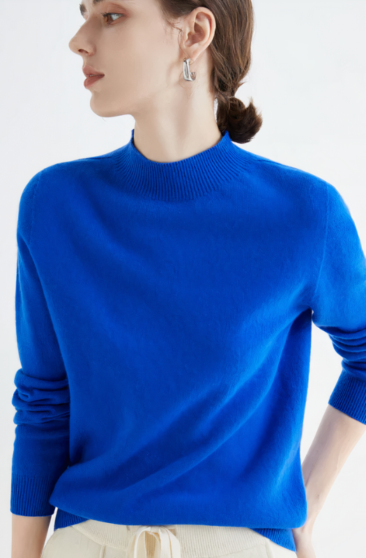 Royal Blue Women’s Classic Soft Half-Neck Sweater on the model