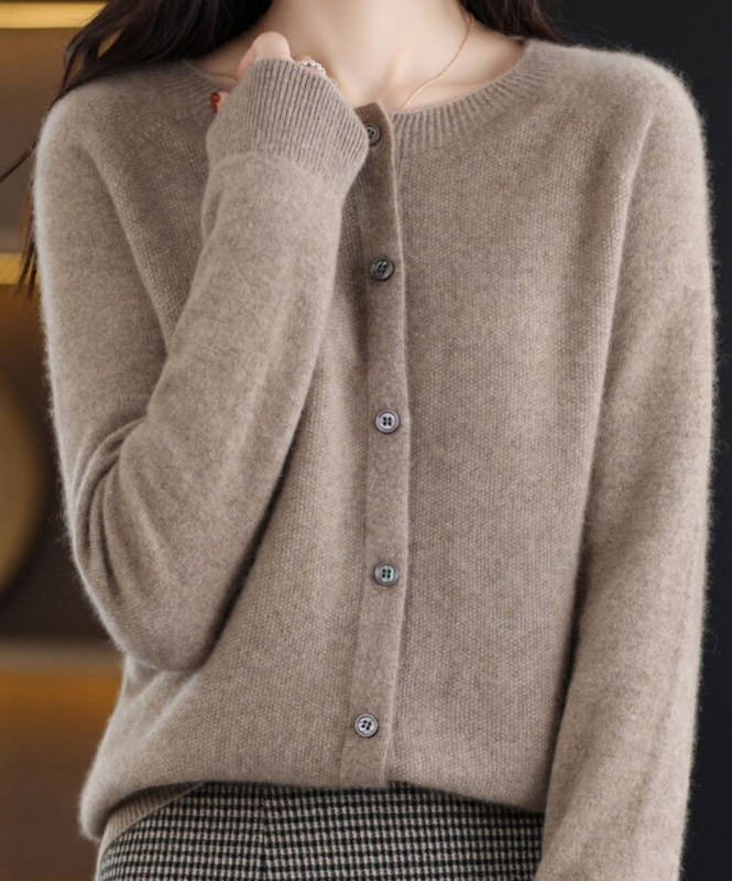 Brown Women’s Elegant V-Neck Button-Detailed Sweater on the model