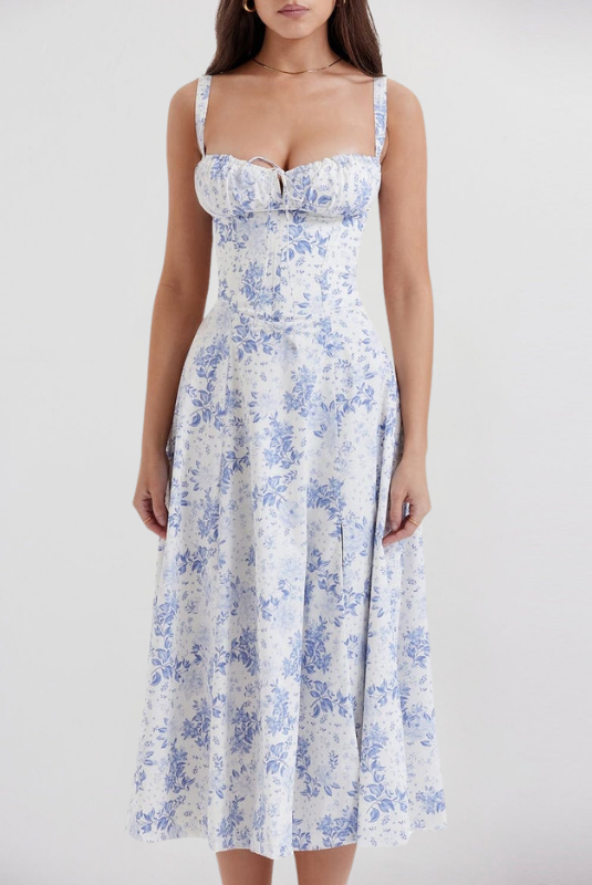 Blue Floral Women’s Printed Bustier Midi Dress on the model
