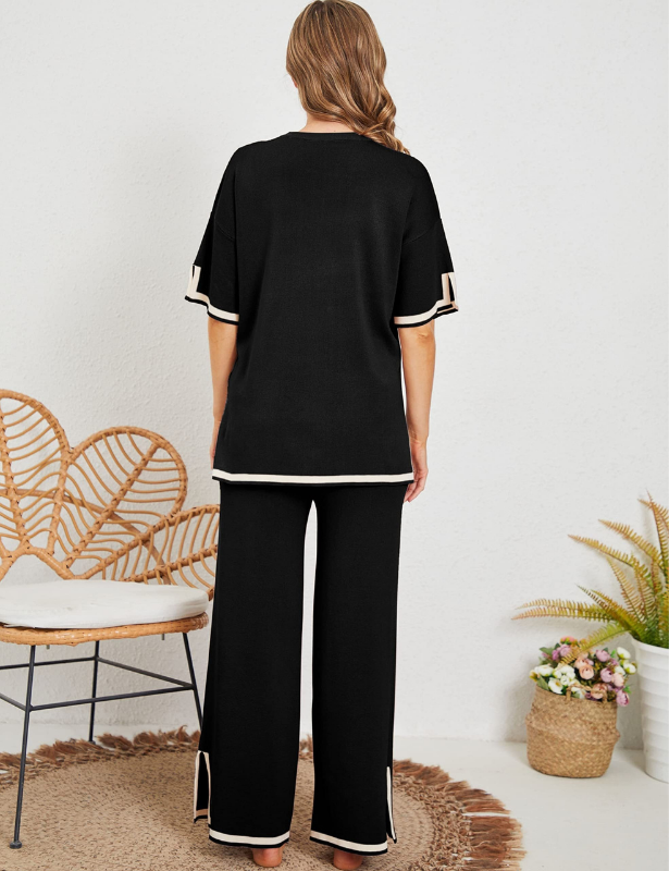 Black Women’s Crewneck & Wide-Leg Knit Lounge Set - Short Sleeves on the model
