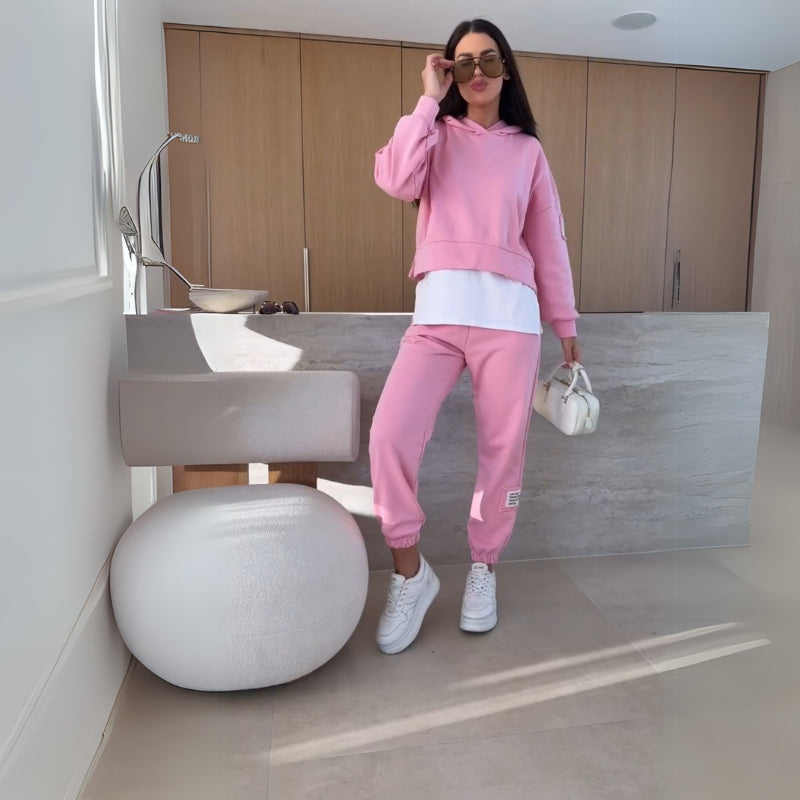 Pink Women’s Coordinated Minimalist Fit Tracksuit Set on the model