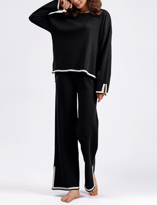 Black Women’s Crewneck & Wide-Leg Knit Lounge Set - Long Sleeves on the model