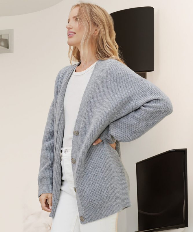 Gray Women’s V-Neck Button Closure Knit Cardigan on the model
