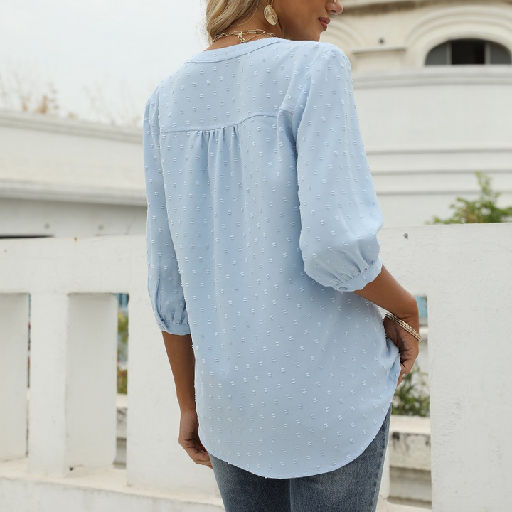Light Blue Women’s V-Neck  Bell Sleeves Blouse on model