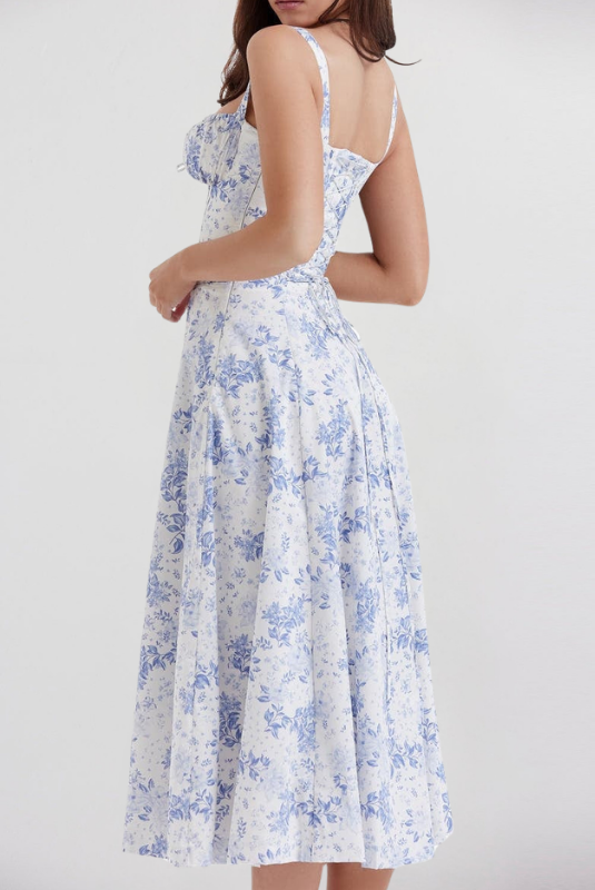 Blue Floral Women’s Printed Bustier Midi Dress on the model