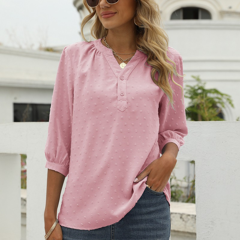 Light Pink Women’s V-Neck  Bell Sleeves Blouse on model