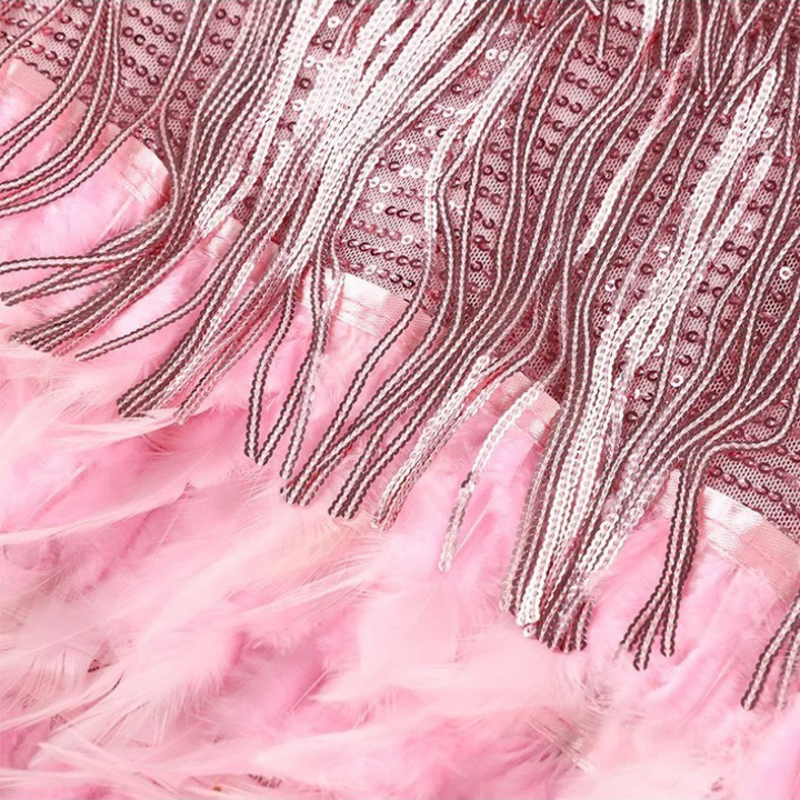 Pink Women’s Glam Sequin Feather Trim Cocktail Dress on the model