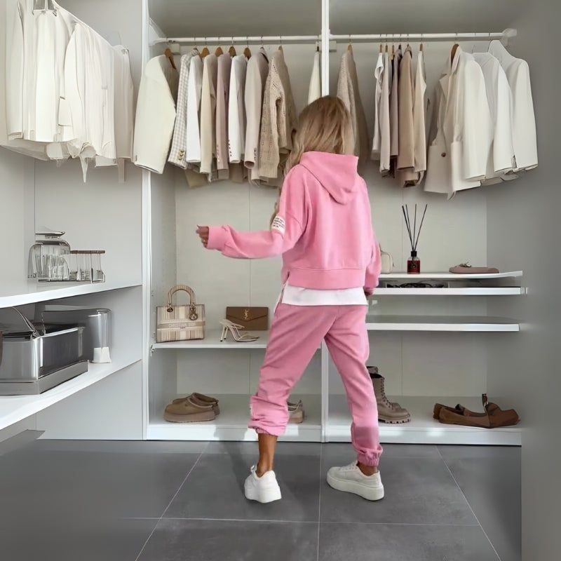 Pink Women’s Coordinated Minimalist Fit Tracksuit Set on the model