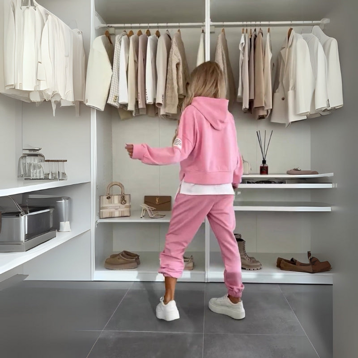 Pink Women’s Coordinated Minimalist Fit Tracksuit Set on the model