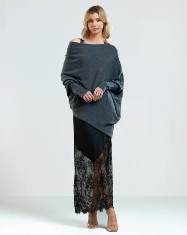 Charcoal Women’s Swing Collar Off-Shoulder Knit Jumper on model