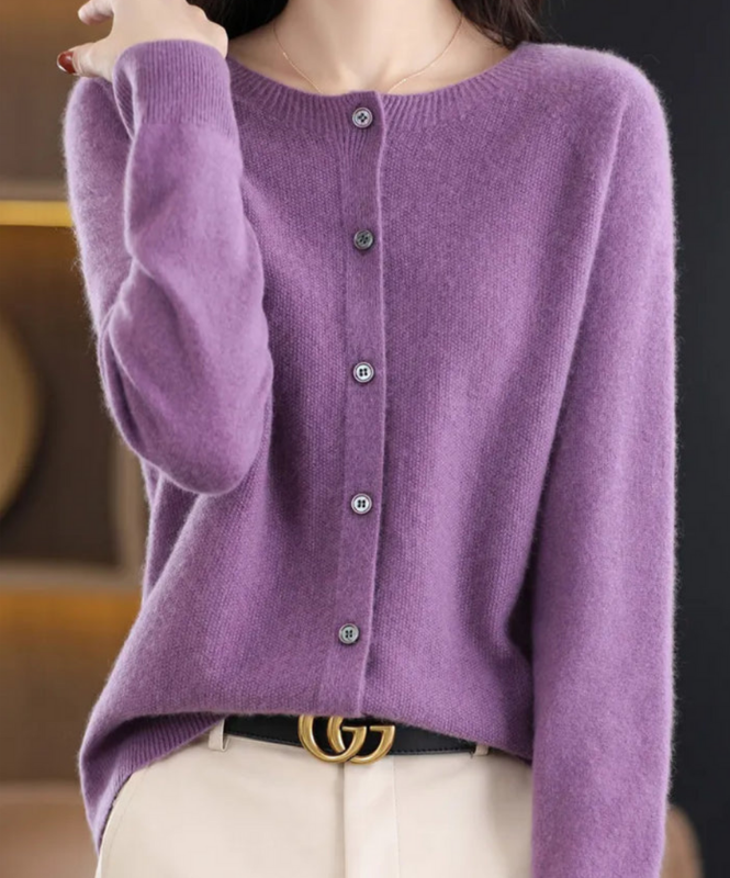 Purple Women’s Elegant V-Neck Button-Detailed Sweater on the model