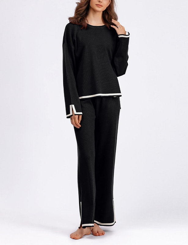 Black Women’s Crewneck & Wide-Leg Knit Lounge Set - Long Sleeves on the model