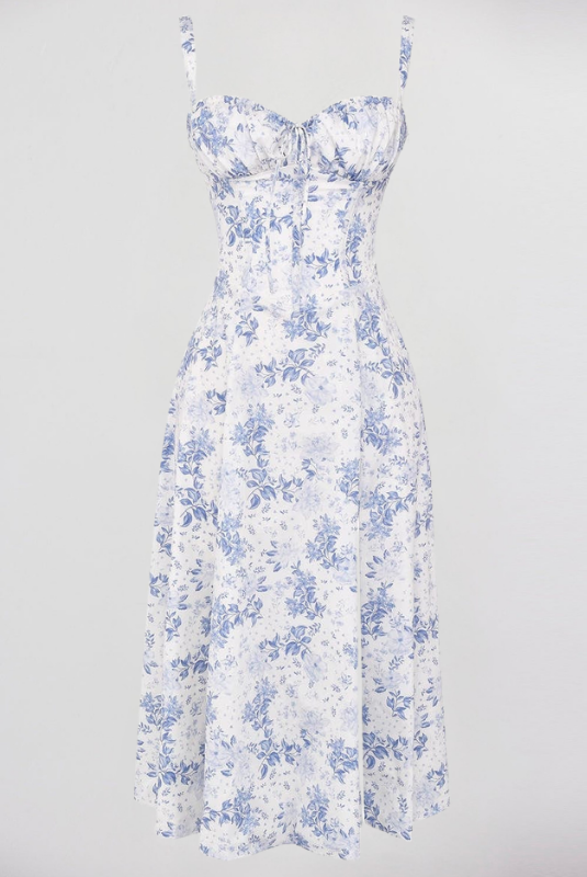 Blue Floral Women’s Printed Bustier Midi Dress 