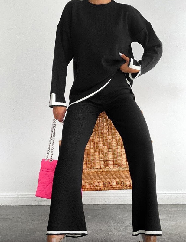 Black Women’s Crewneck & Wide-Leg Knit Lounge Set - Long Sleeves on the model