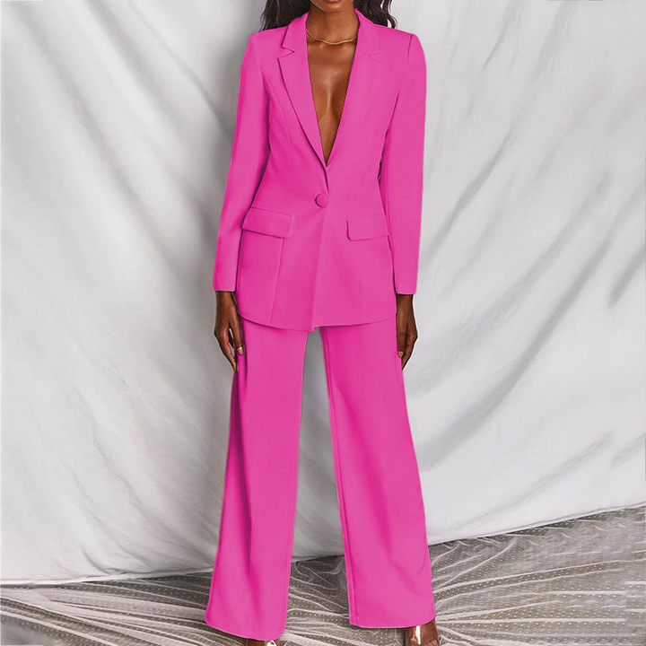 Pink Women’s Elegant Tailored Fit Blazer & Trousers Set on model