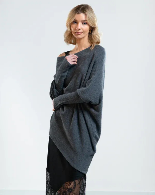 Charcoal Women’s Swing Collar Off-Shoulder Knit Jumper on model