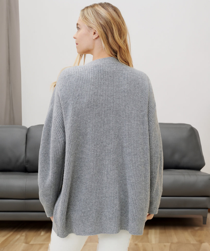 Gray Women’s V-Neck Button Closure Knit Cardigan on the model