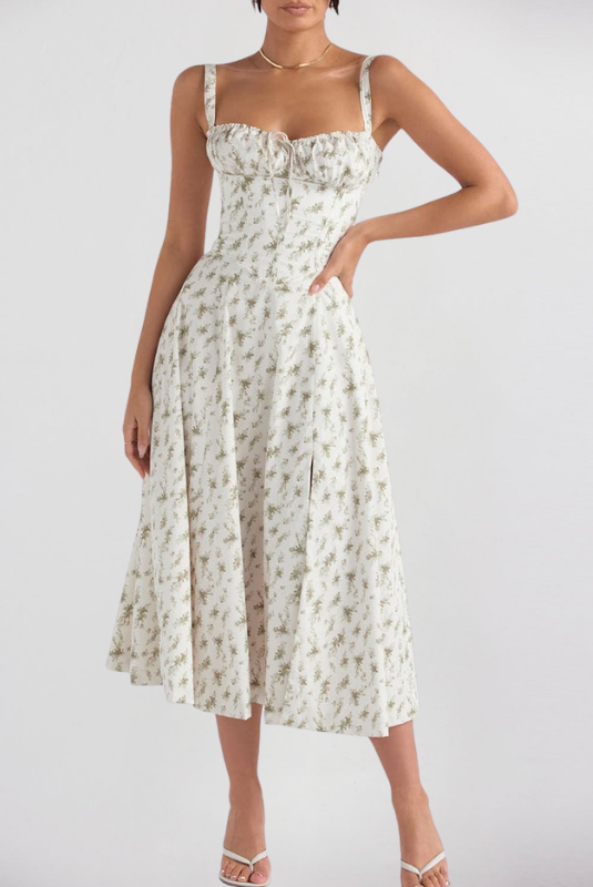 Green Floral Women’s Printed Bustier Midi Dress on the model