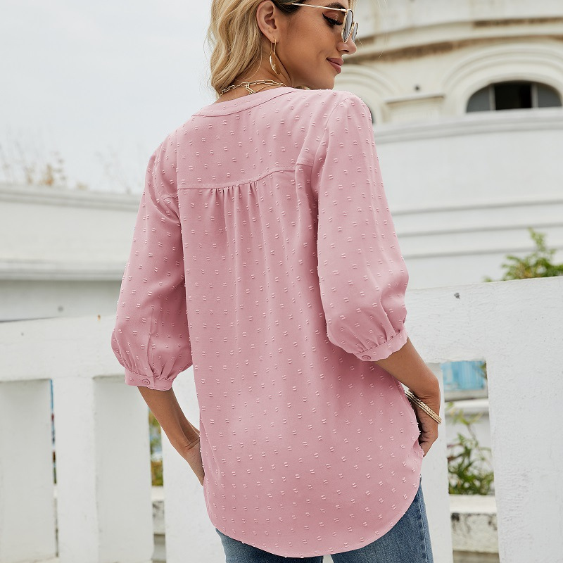 Light Pink Women’s V-Neck  Bell Sleeves Blouse on model