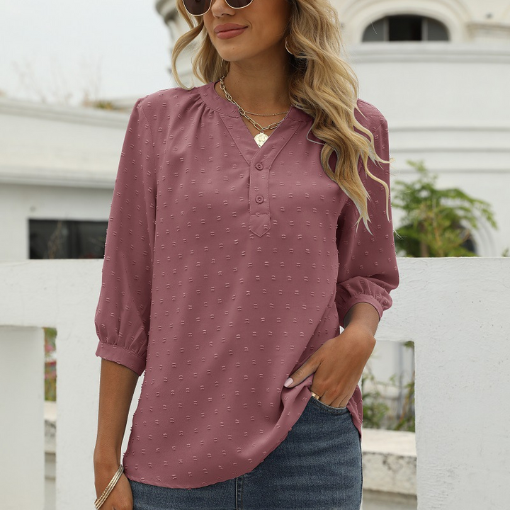 Light Brown Women’s V-Neck  Bell Sleeves Blouse on model