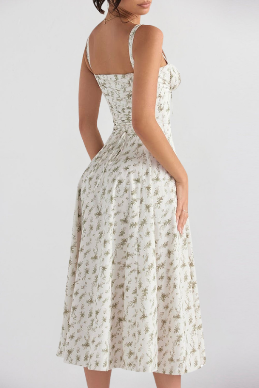 Green Floral Women’s Printed Bustier Midi Dress on the model