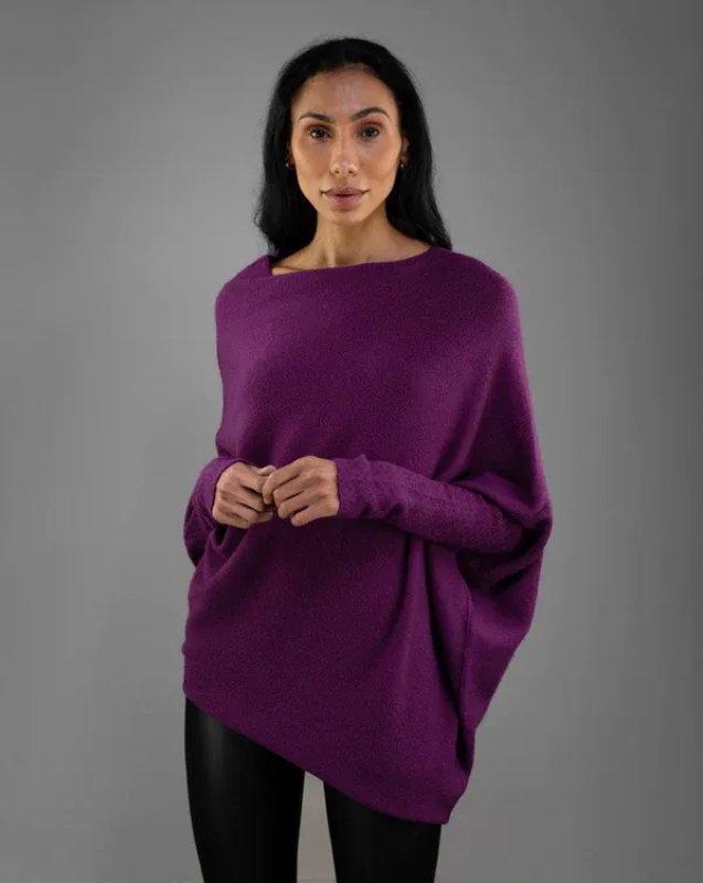 Purple Women’s Swing Collar Off-Shoulder Knit Jumper on model