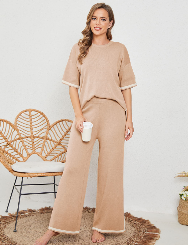 Khaki Women’s Crewneck & Wide-Leg Knit Lounge Set - Short Sleeves on the model