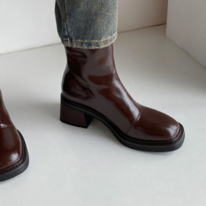 Brown Women’s Modern Square Toe Ankle Boots on the model
