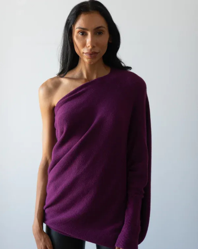 Purple Women’s Swing Collar Off-Shoulder Knit Jumper on model