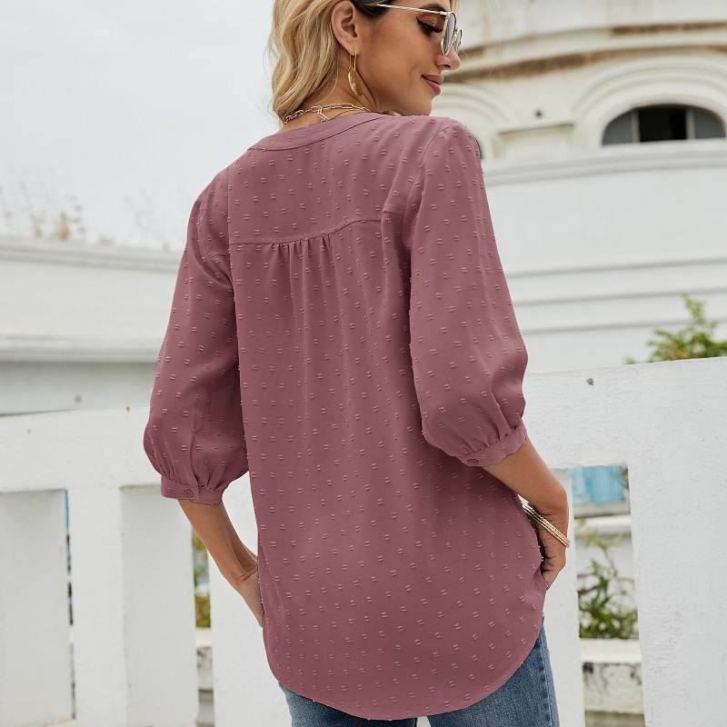 Light Brown Women’s V-Neck  Bell Sleeves Blouse on model