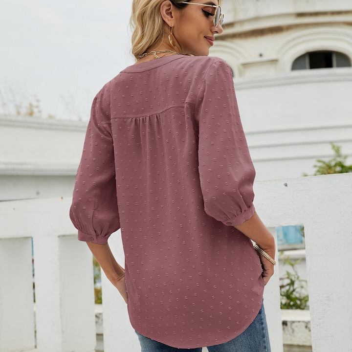 Light Brown Women’s V-Neck  Bell Sleeves Blouse on model