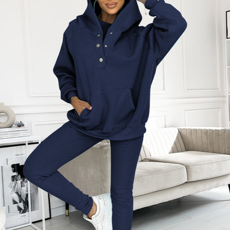 Dark Blue Women’s Soft Fabric Blend Casual Sweatshirt Set on the model