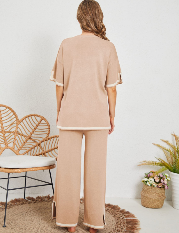 Khaki Women’s Crewneck & Wide-Leg Knit Lounge Set - Short Sleeves on the model