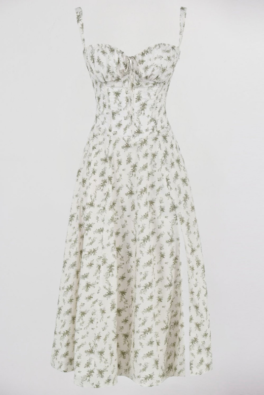 Green Floral Women’s Printed Bustier Midi Dress 