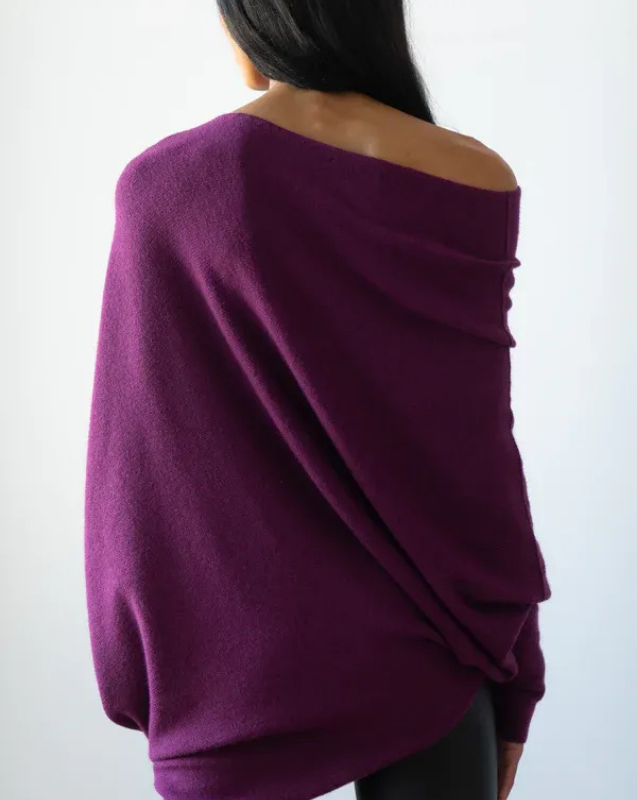 Purple Women’s Swing Collar Off-Shoulder Knit Jumper on model