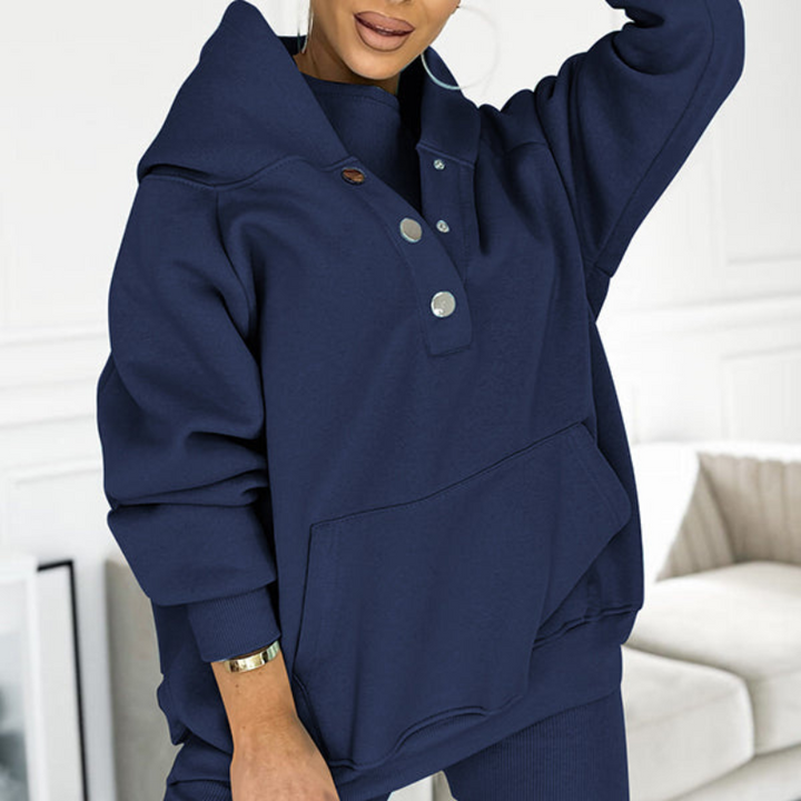 Dark Blue Women’s Soft Fabric Blend Casual Sweatshirt Set on the model