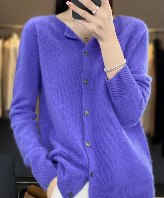 Dark Blue Women’s Elegant V-Neck Button-Detailed Sweater on the model