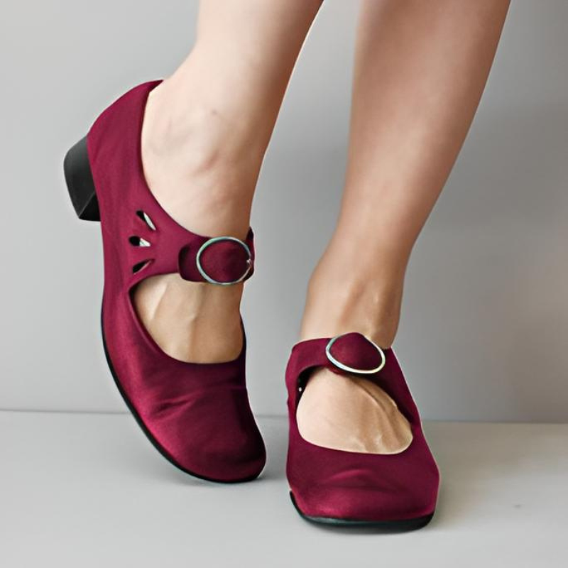 Red Women’s Wedge Buckle Detail Sandals on the model 
