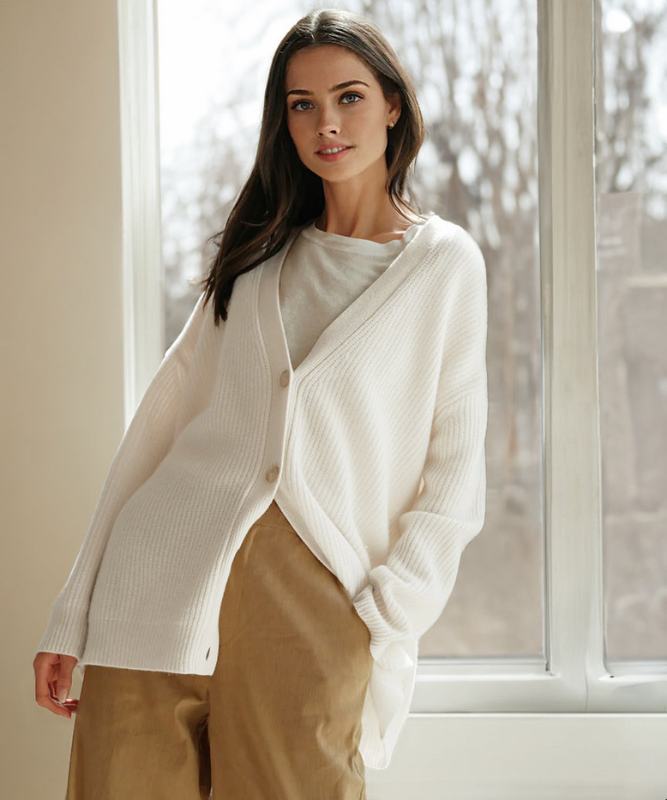Ivory Women’s V-Neck Button Closure Knit Cardigan on the model