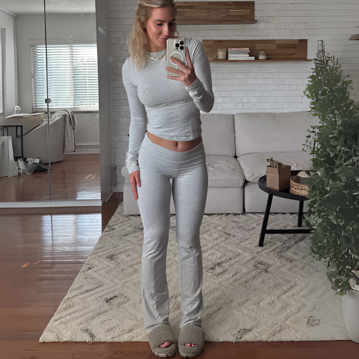 Gray Women’s Foldover Waistband  Lounge Set - Long Sleeves on the model