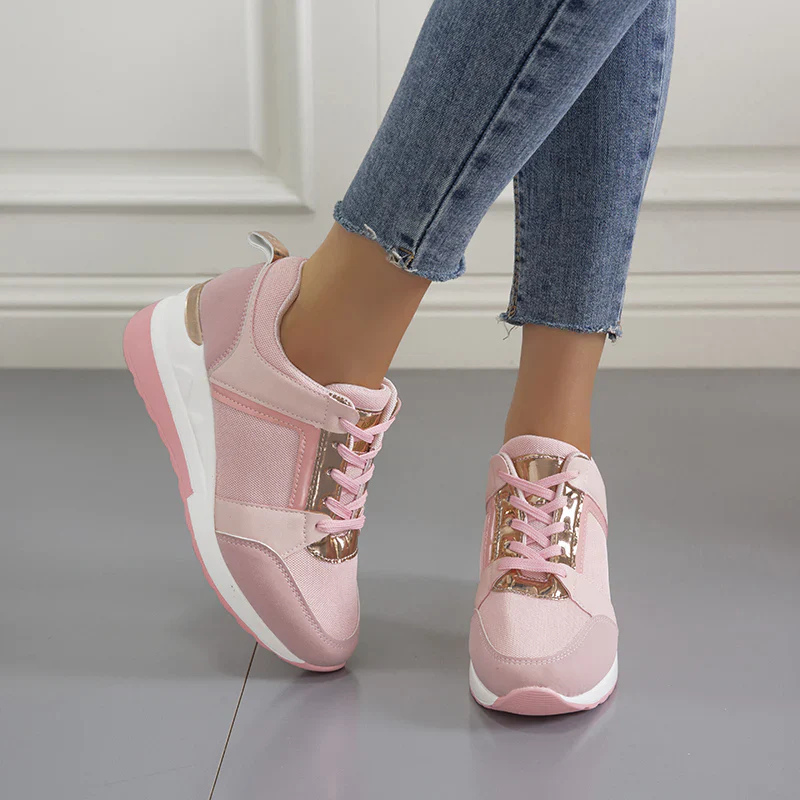 Pink Women’s Orthopedic Comfort Heel Sneakers on the model