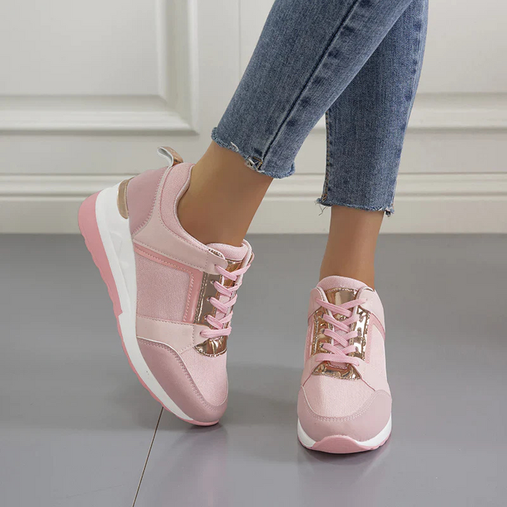 Pink Women’s Orthopedic Comfort Heel Sneakers on the model