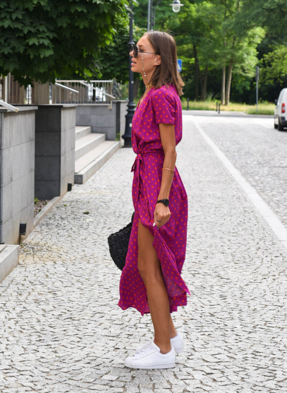 Purple Women’s Summer Comfort Fabric Dress on model