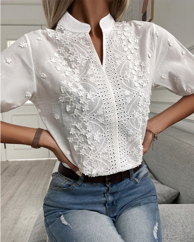 White Women’s Classic Fit Tailored Blouse on the model