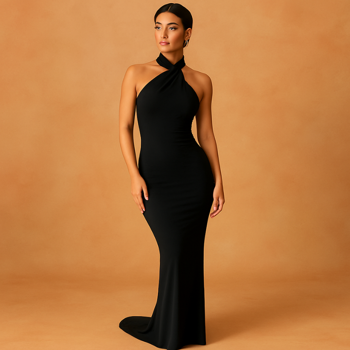 Black Women’s Ruched Backless One-Shoulder Sheath Dress on model