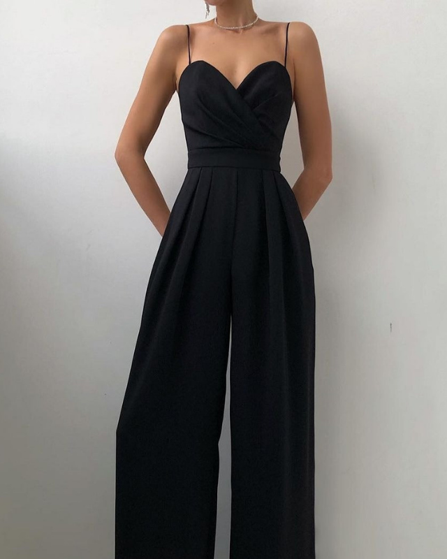 Black Women’s Elegant Sweetheart Neckline Wide-Leg Jumpsuit on the model