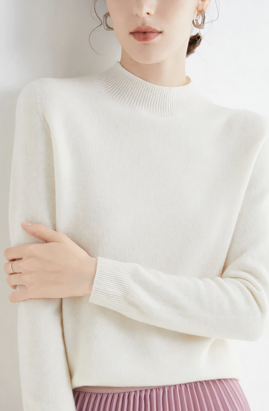 White Women’s Classic Soft Half-Neck Sweater on the model
